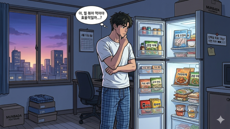 문바다가 냉장고를 보면서 식단 고민을 하는 상황이다