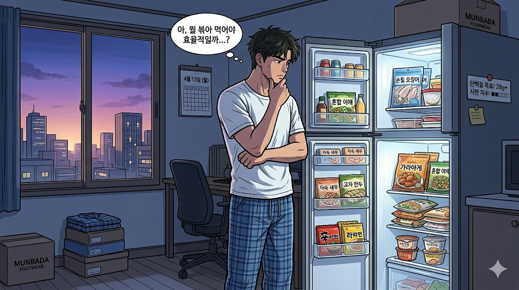 문바다가 냉장고를 보면서 식단 고민을 하는 상황이다
