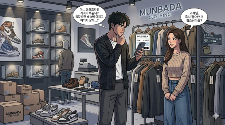 옷가게에서 가격이 어떤게 더 좋은지 고민하는 문바다