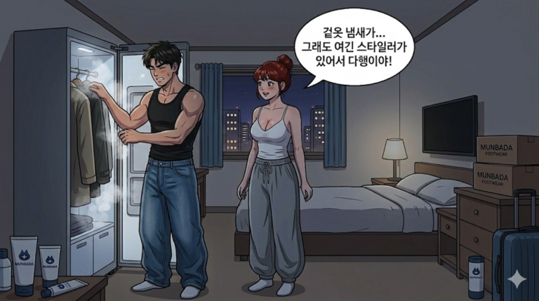 숙박업소를 이용하는 중에 스타일러가 있어 겉옷 냄새를 제거중인 문바다