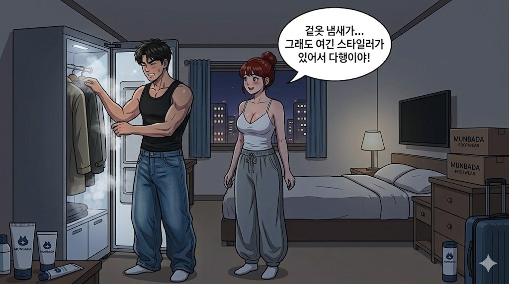 숙박업소를 이용하는 중에 스타일러가 있어 겉옷 냄새를 제거중인 문바다
