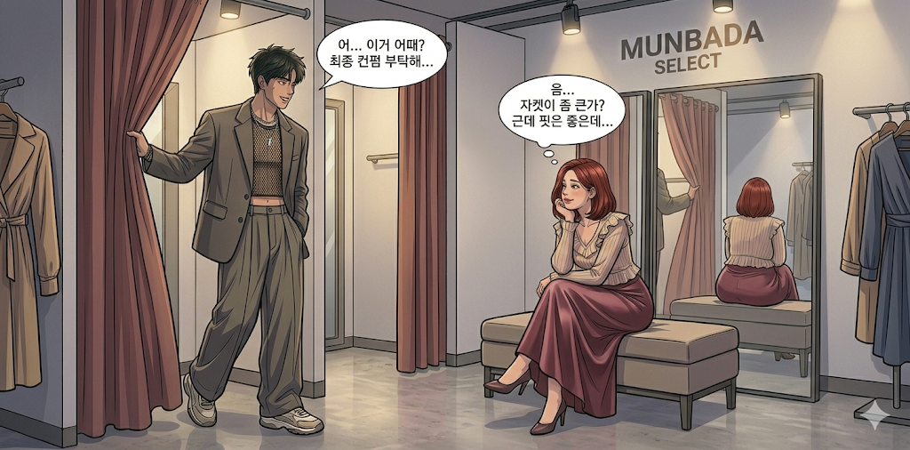 트렌디한 옷을 입어보고 여자친구에게 컨펌받는 문바다