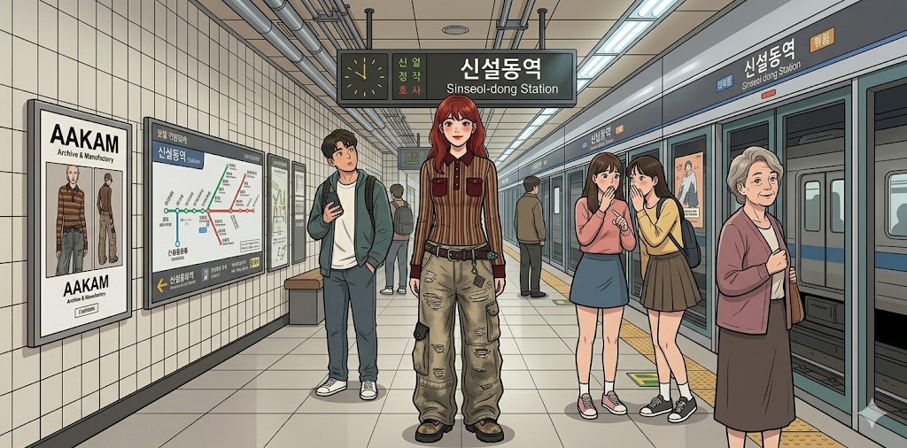 문바다가 25ss 배드블러드 룩북을 입고 지하철을 타는 상황 주변 사람들이 잘 입어서 놀랜다