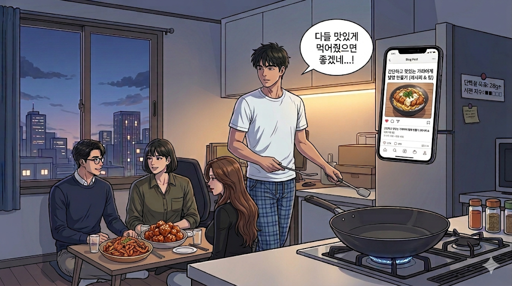 갑작스레 문바다 집에 놀러온 손님들에게 밥을 해주는 문바다 거덜날지경이다