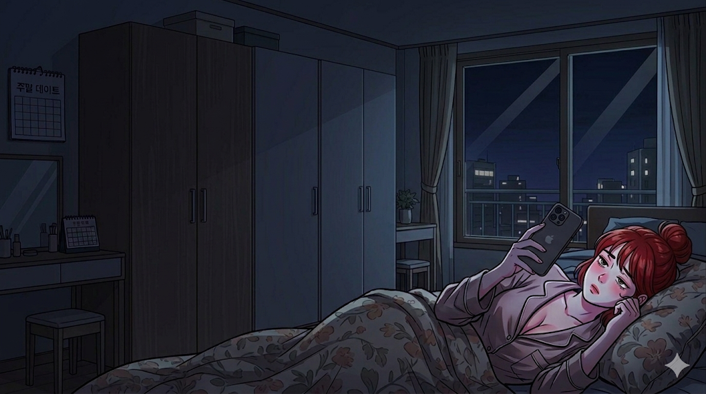 잠 못 드는 여자친구 캐릭터를 그렸다 숏폼을 보느라 정신이 없다