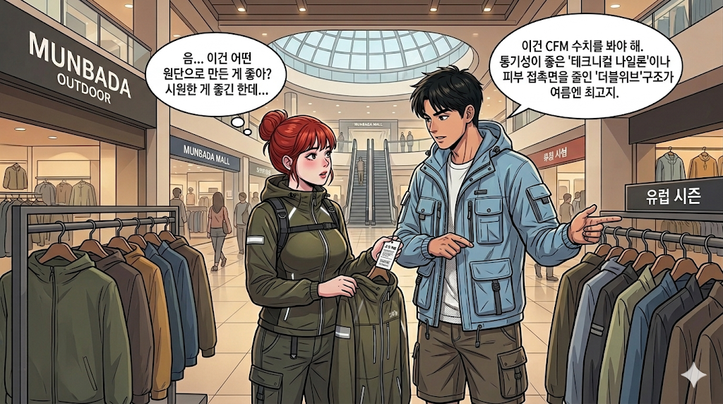 여자친구와 바람막이 소재를 보면서 뭘 사야할지 알려주는 문바다