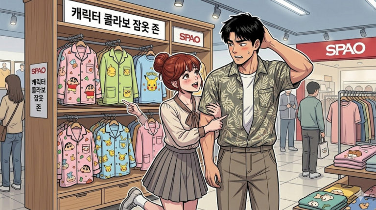 귀여운 캐릭터 잠옷을 사자고 하는 문바다 커플이다.