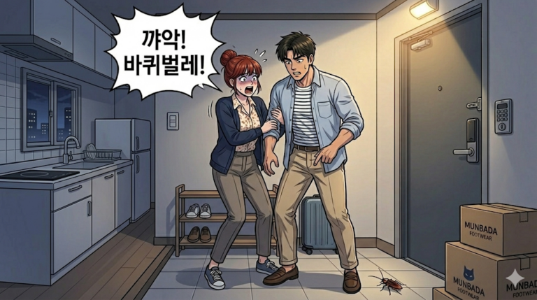 퇴근하고 들어와서 바퀴벌레를 본 문바다커플 너무 놀래서 소리질르는 여자친구