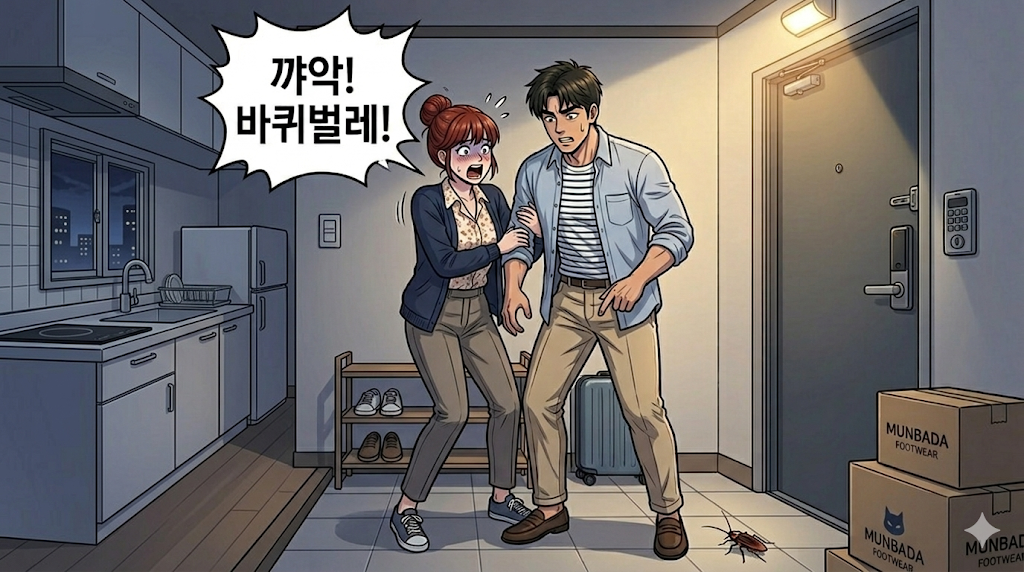 퇴근하고 들어와서 바퀴벌레를 본 문바다커플 너무 놀래서 소리질르는 여자친구