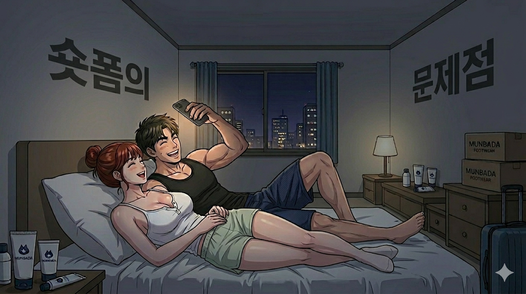 남녀캐릭터가 숏폼을 보면서 웃는 장면 문구로는 '숏폼의 문제점' 라고 적혀있다