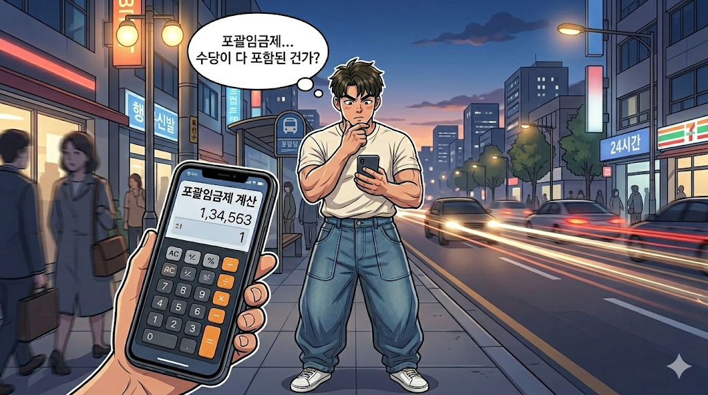 면접 후 포괄임금제를 보면서 계산중인 문바다