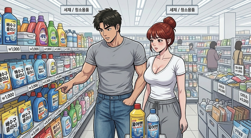 다이소 배수구 클리너를 보고 구매를 하는 문바다 커플이다