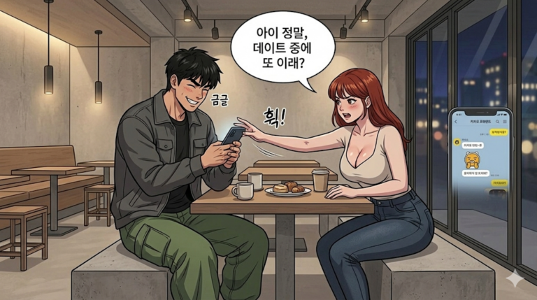 문바다 남자캐릭터가 휴대폰에 빠져서 여자캐릭터가 휴대폰을 뺏을려고 하는 상황