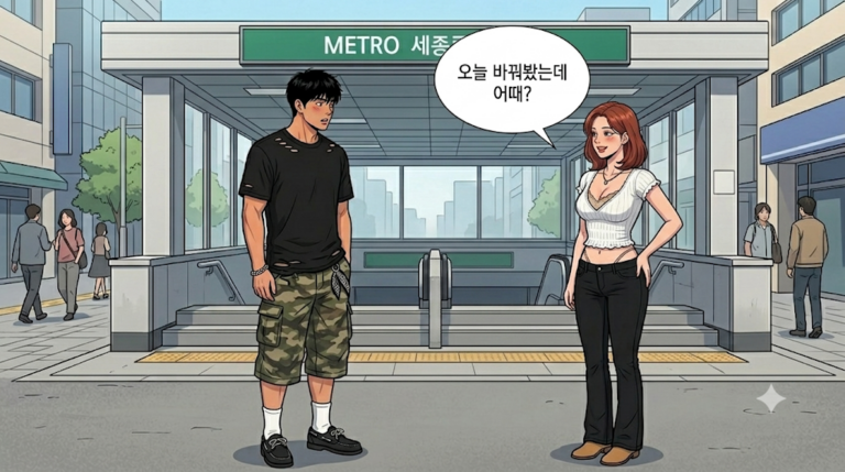 여자친구캐릭터가 스타일 변신에 성공해서 남자캐릭터인 문바다는 너무 넋이 나간 상태