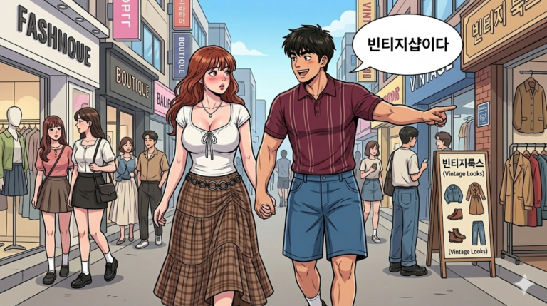 중고 패션에 환장하는 문바다 커플 홍대같은 길거리에서 빈티지샵에 들어갈려고 하는 상황이다.