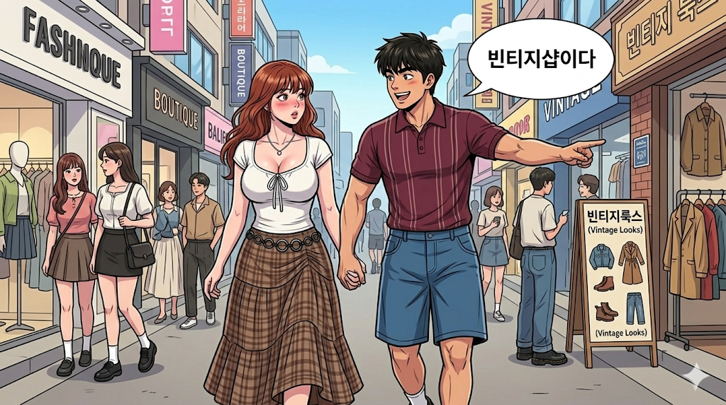 중고 패션에 환장하는 문바다 커플 홍대같은 길거리에서 빈티지샵에 들어갈려고 하는 상황이다.