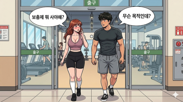 자취생 단백질 3편 헬스장에서 운동 끝나고 나오는 문바다 커플 보충제 종류에 대해서 알아보고 있다.
