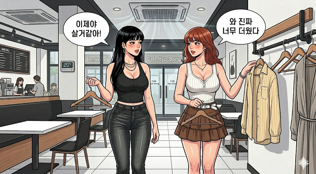 카페에 들어와서 에어컨을 쐬면서 자리잡기전에 아우터부터 옷걸이에 거는 모습이다. 문바다 여친은 옷걸이를 빼줬지만 문수니는 이미 손에 있는 모습