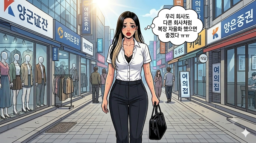 정장을 입고 출근중인 세일즈니 캐릭터 매우 더운 상태이다.