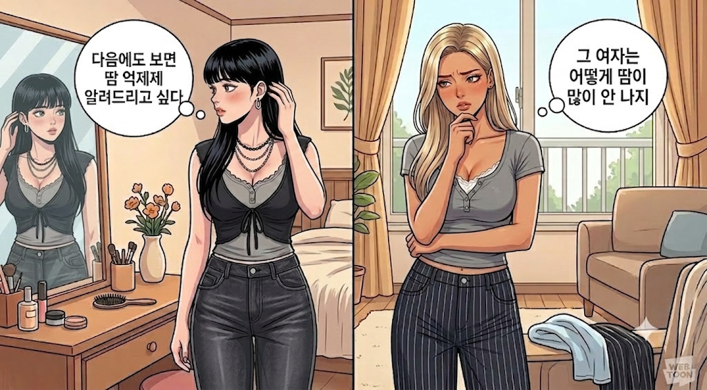 같은 상황이지만 땀 억제라는 생각으로 다른 생각을 하는 중인 문바다 캐릭터들이다.