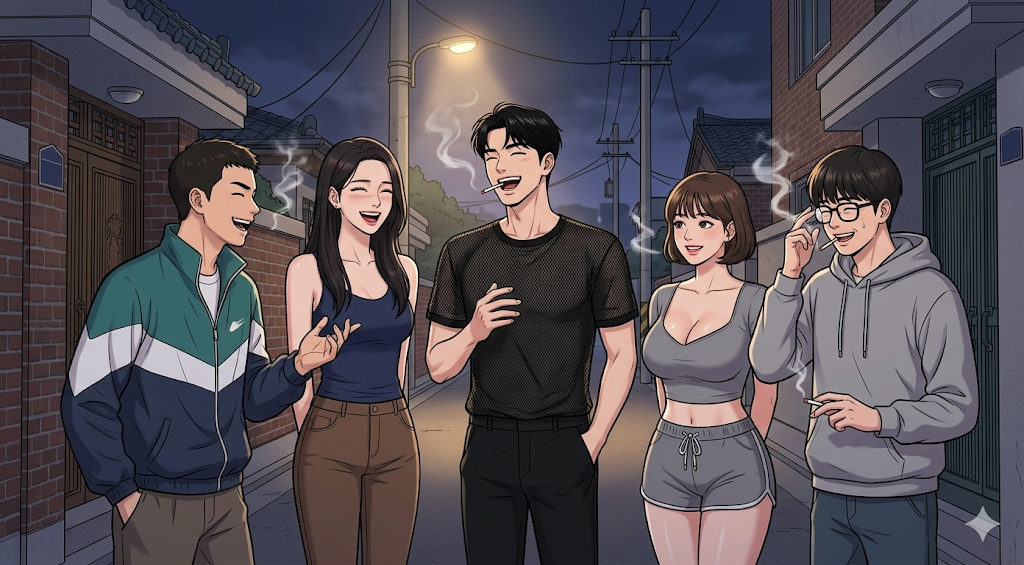길거리에서 흡연을 하는 동네 사람들에 모습이다. 무엇가를 안 들키기기 위해 숨긴 모습까지