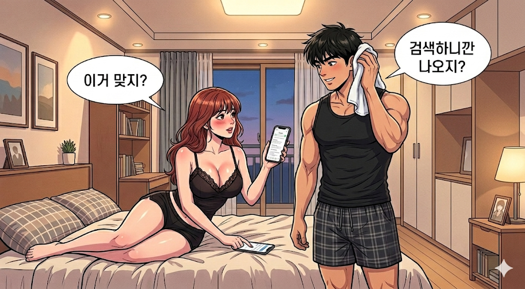 단백질 종류를 검색해서 확인하는 문바다 여자친구이다. 운동 직후 샤워 하고 나온 문바다.
