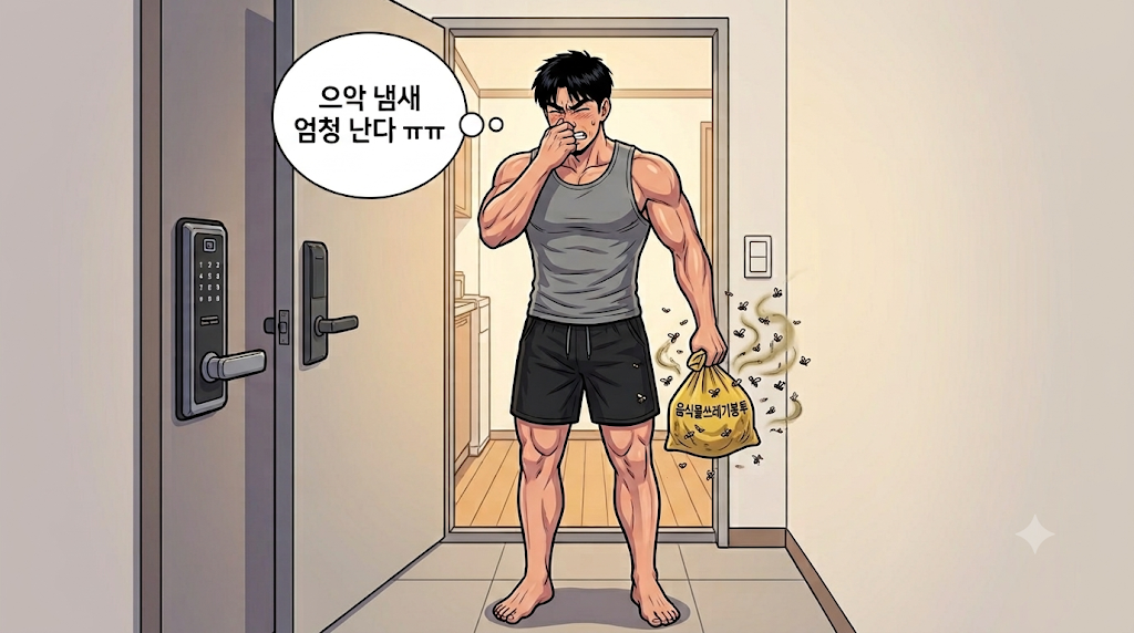 음식물쓰레기봉투에 잔뜩 꼬인 초파리에 힘든 문바다 캐릭터다.