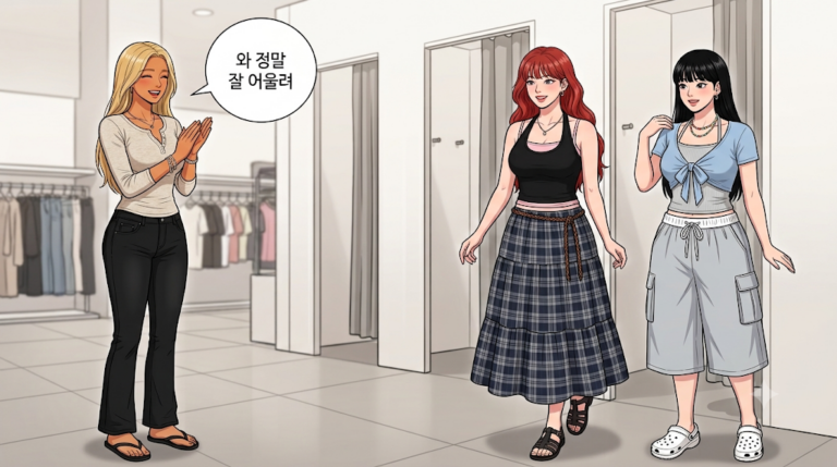 spa 브랜드 세일을 맞아 쇼핑을 하러 간 캐릭터들 얼떨결에 친해진 셋이다.