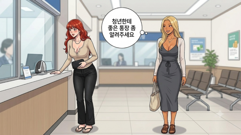 청년한테 좋은 통장을 알아보러 온 세일즈니와 가림 캐릭터다.