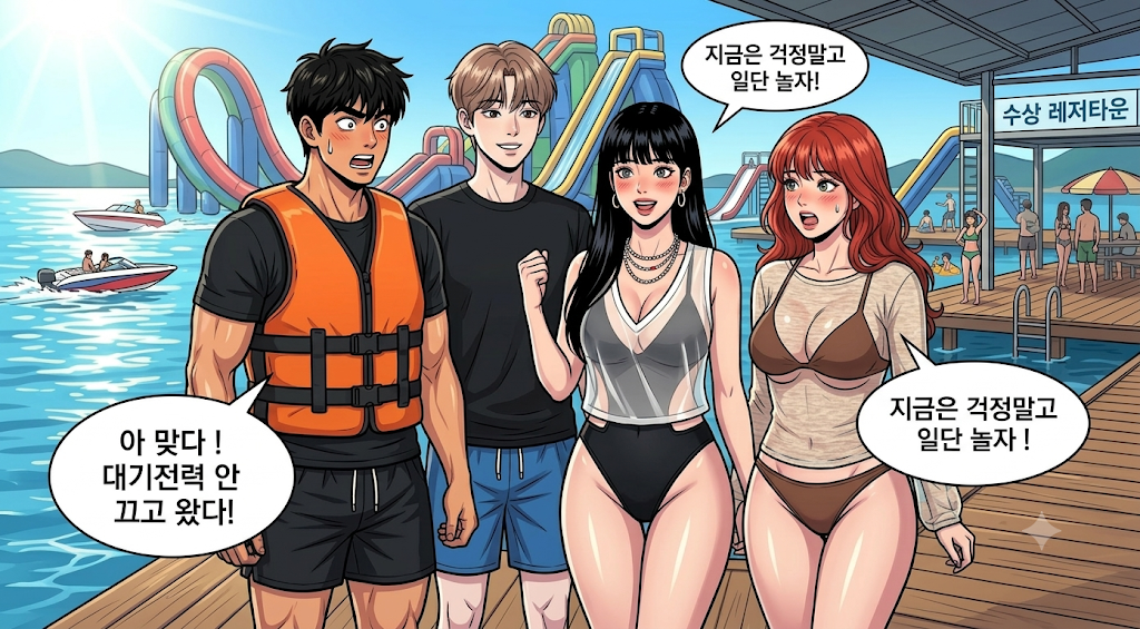 대기 전력 차단을 안 하고온 걸 깜빡한 문바다와 괜찮다고 일단 놀자고 위로하는 가림과 빨리 놀고 싶은 문수니
가운데 시형은 그냥 해맑기만 하다.