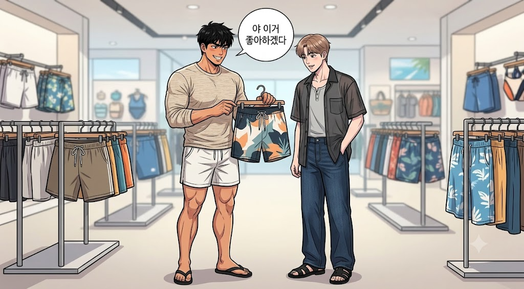 진지하게 쇼핑 안 하고, 수영복으로 장난치는 둘이다.