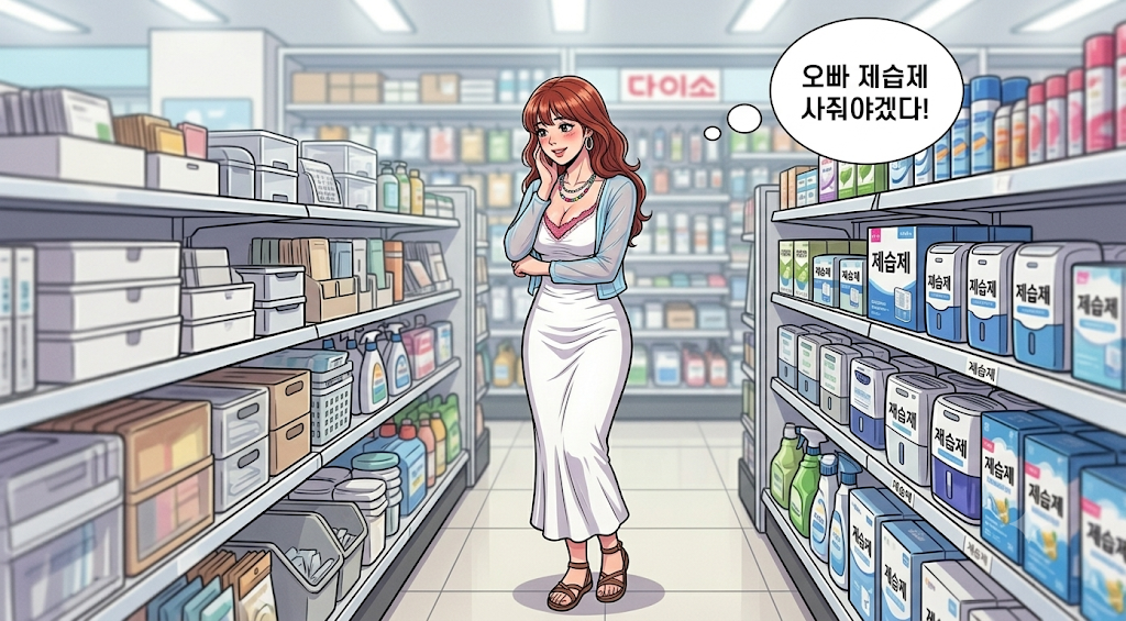제습제를 고민중인 문바다 여친이다. 장마철이 다가오니 제습제를 사줄려는 모습
