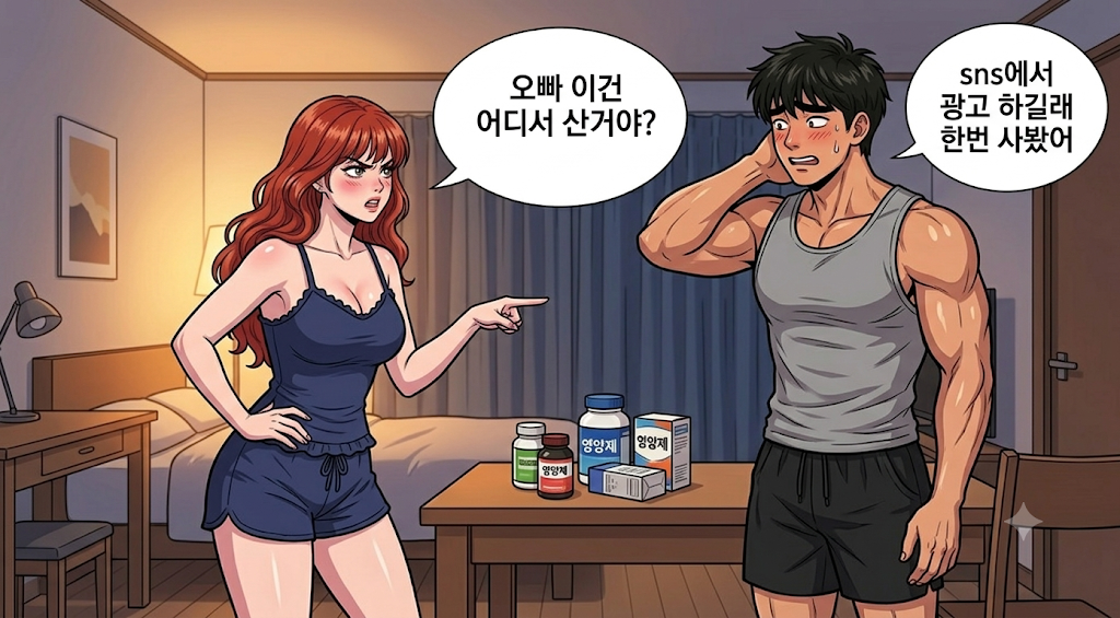 과대 광고에 속아 산 영양제를 보고 혼내는 가림 캐릭터, 문바다는 오늘도 혼난다